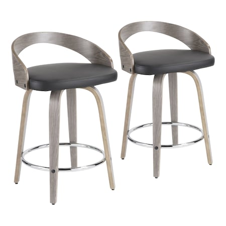 Lumisource Grotto Counter Stool with Light Grey Wood and Black Faux Leather, PK 2 B24-GROTTOR LGY+BK2